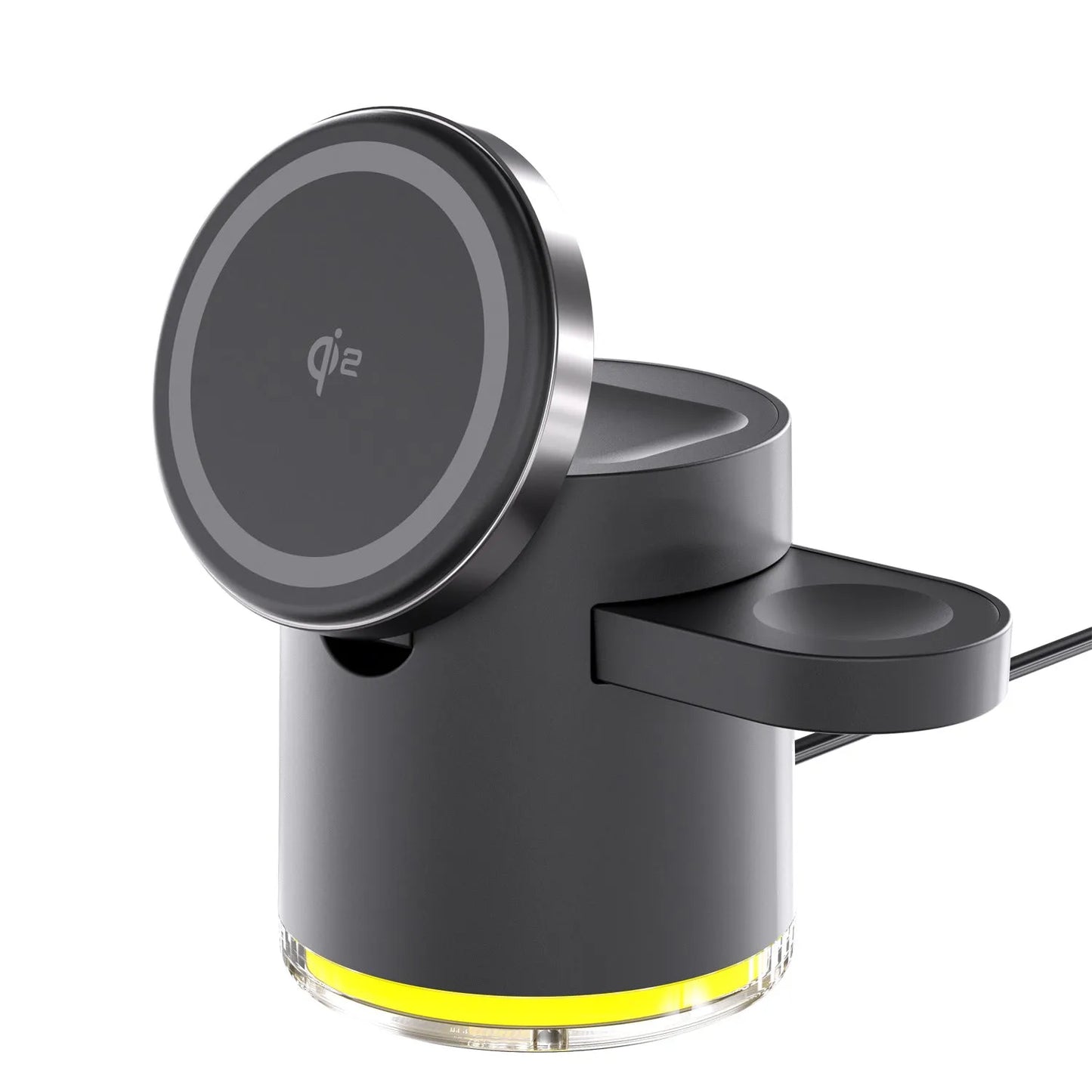 Black C16 magnetic folding wireless charger showing iPhone, Apple Watch, and AirPods placed on its three charging pads.