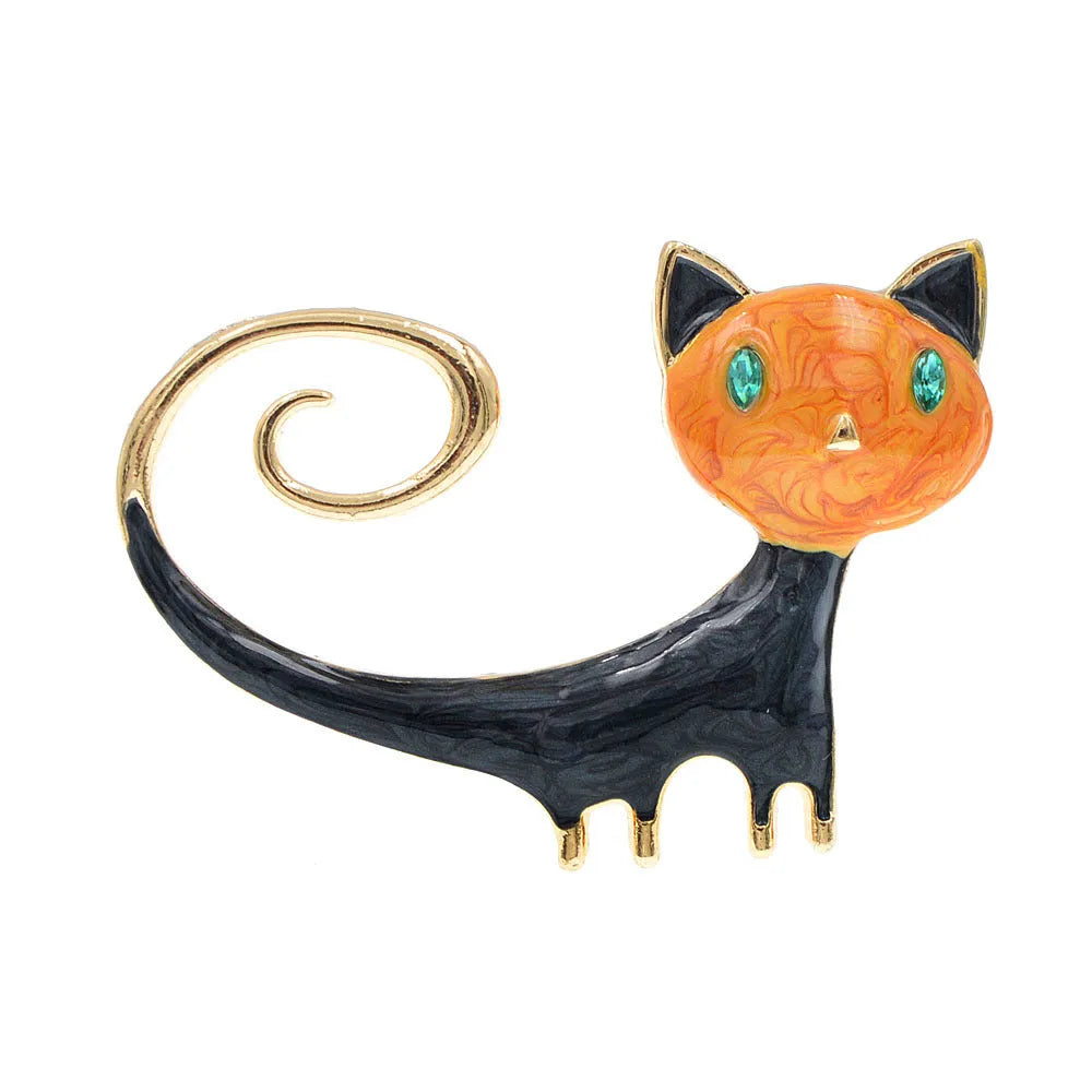 Women's alloy cat brooch with painted tailing up kitty design in white or orange colour