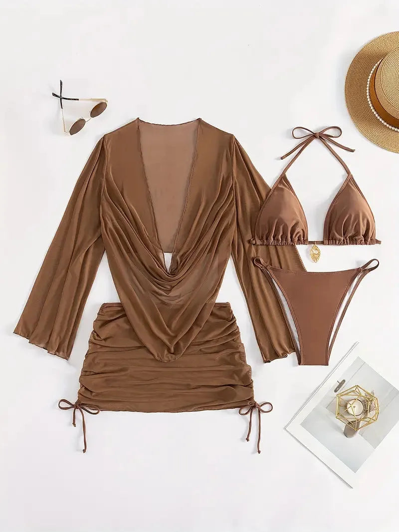 Dark brown women's one-piece swimsuit with a lace-up front and backless design.