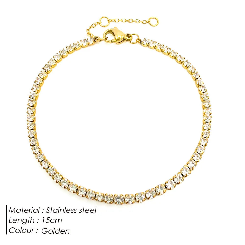 Single row round zircon tennis bracelet in stainless steel with rhinestone, 18K gold or steel colour