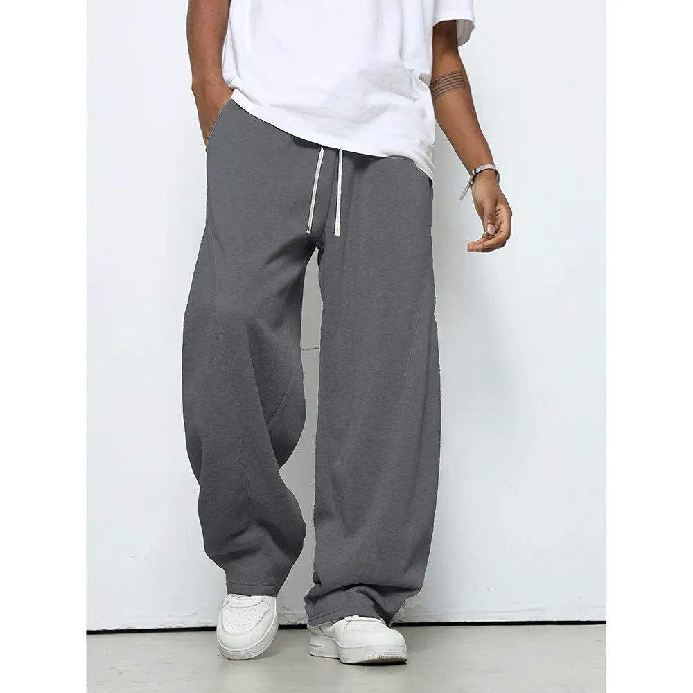 Men's straight leg casual trousers in grey with a micro-elastic drawstring waist.