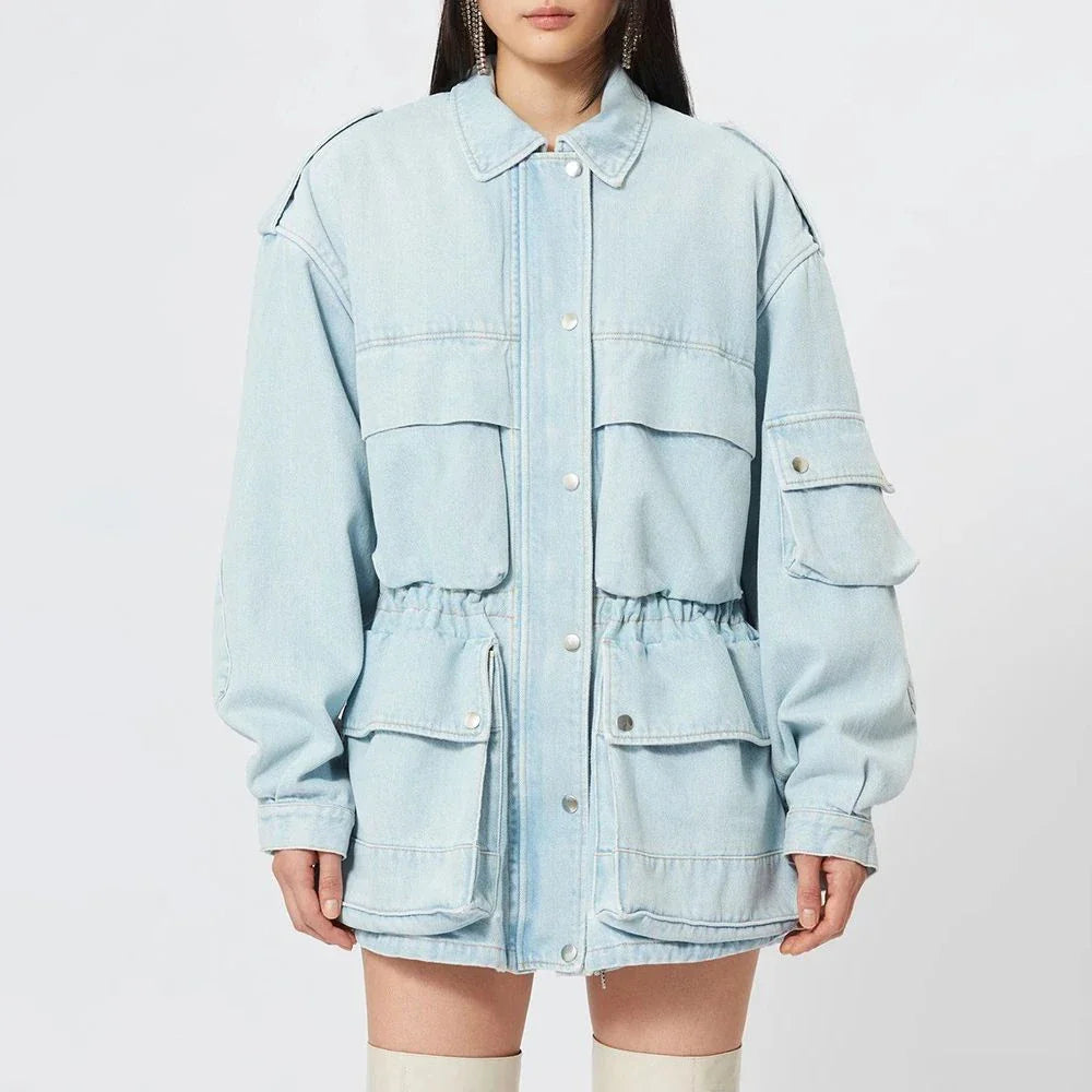 Chic patchwork denim jacket with practical pockets and button details, perfect for casual and semi-formal occasions.