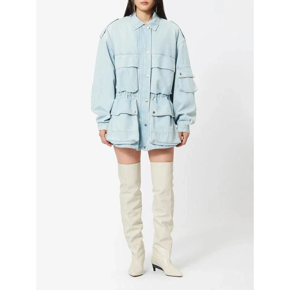 Chic patchwork denim jacket with practical pockets and button details, perfect for casual and semi-formal occasions.