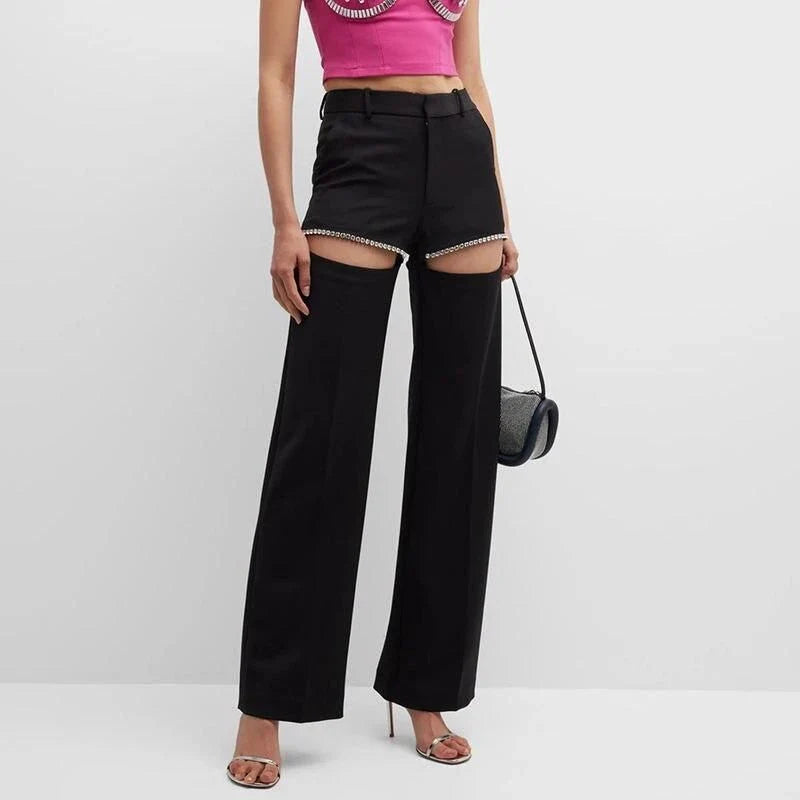 High-waist trousers with spliced diamond detailing, offering a sophisticated and versatile design