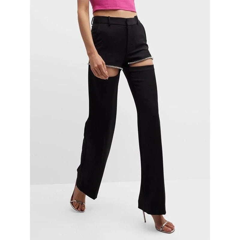 High-waist trousers with spliced diamond detailing, offering a sophisticated and versatile design