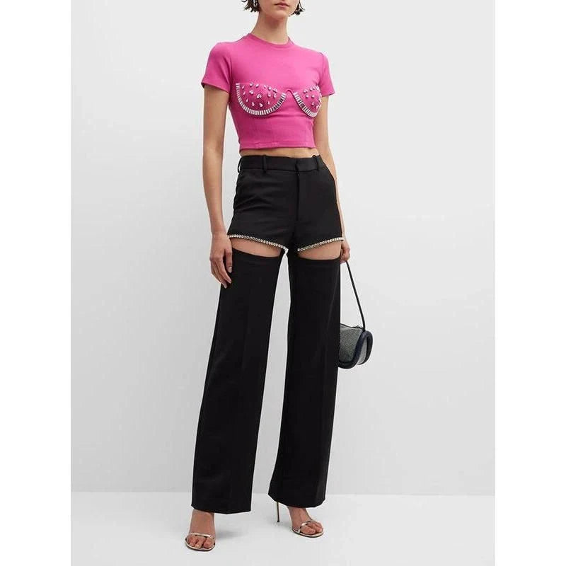 High-waist trousers with spliced diamond detailing, offering a sophisticated and versatile design
