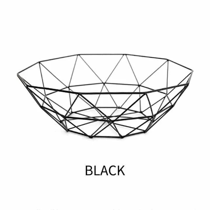 Wrought iron storage basket in black, gold, and rose gold colors, featuring a round, industrial-inspired design for versatile home organisation.