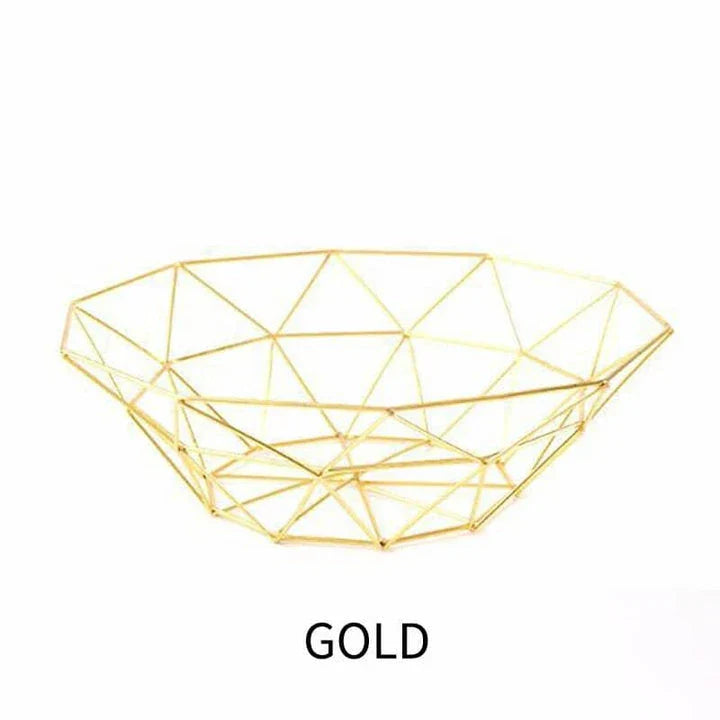 Wrought iron storage basket in black, gold, and rose gold colors, featuring a round, industrial-inspired design for versatile home organisation.