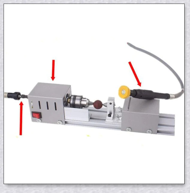 A compact Mini Woodworking Lathe with comprehensive accessories, perfect for crafting intricate wood projects