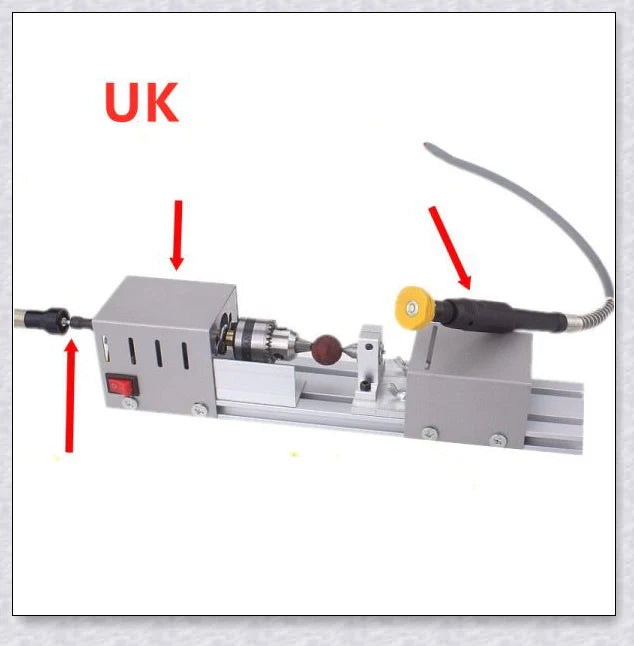 A compact Mini Woodworking Lathe with comprehensive accessories, perfect for crafting intricate wood projects