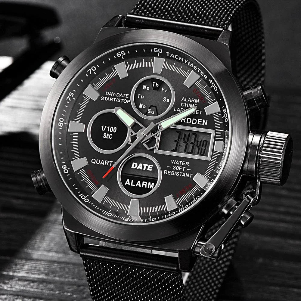 Men's belt LED electronic sports watch with luminous display, alarm, chronograph, and world time functions