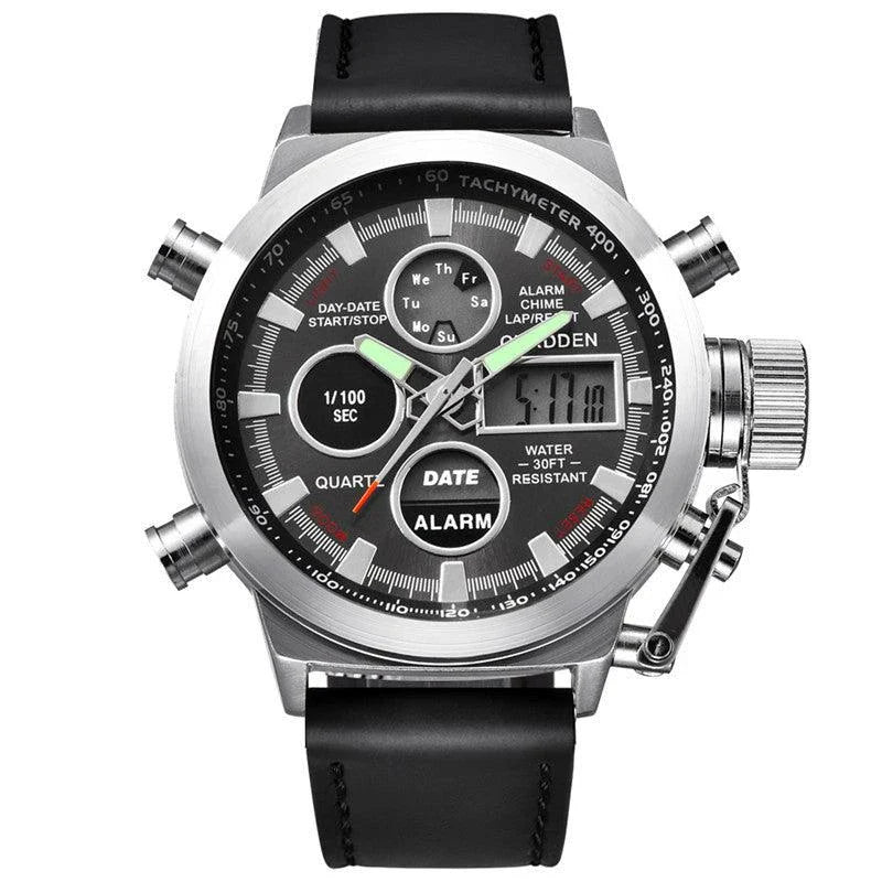Men's belt LED electronic sports watch with luminous display, alarm, chronograph, and world time functions