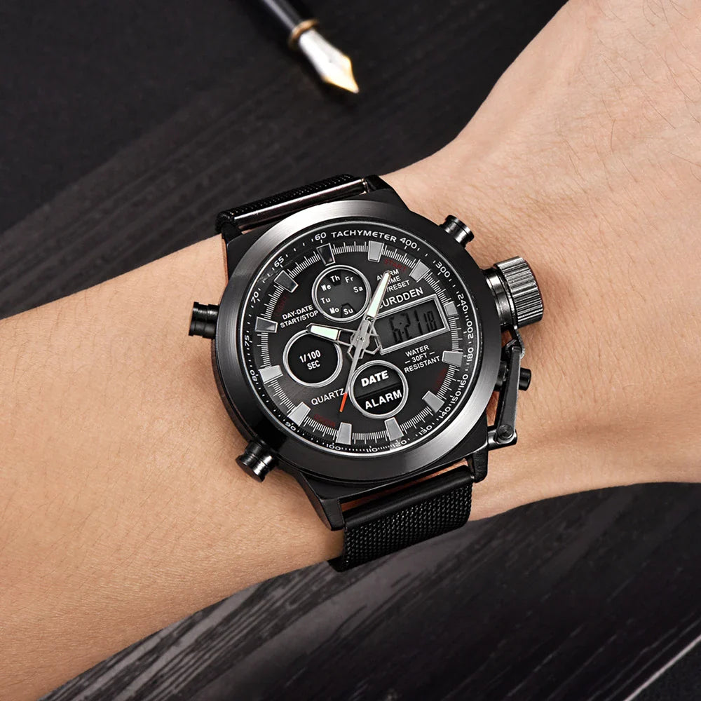 Men's belt LED electronic sports watch with luminous display, alarm, chronograph, and world time functions