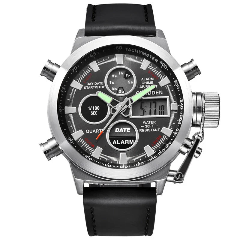 Men's belt LED electronic sports watch with luminous display, alarm, chronograph, and world time functions