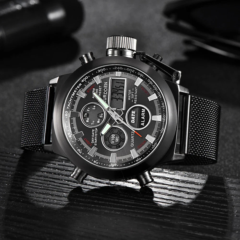 Men's belt LED electronic sports watch with luminous display, alarm, chronograph, and world time functions