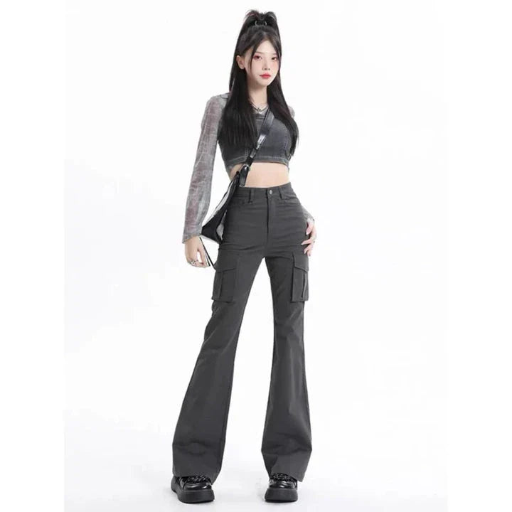 High Waist Slim Chic Cargo Jeans for Women, featuring a sleek silhouette and practical design details