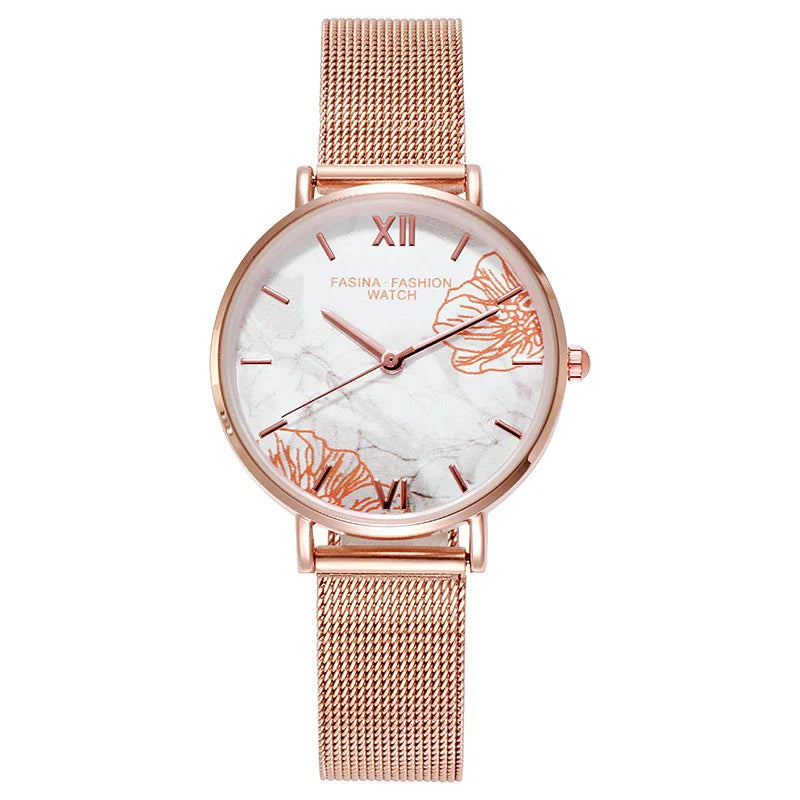 French Ladies Fashion Watch Gift Set with stainless steel case and genuine leather strap