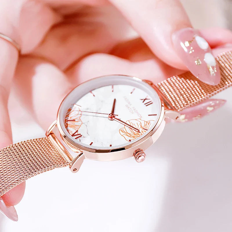 French Ladies Fashion Watch Gift Set with stainless steel case and genuine leather strap