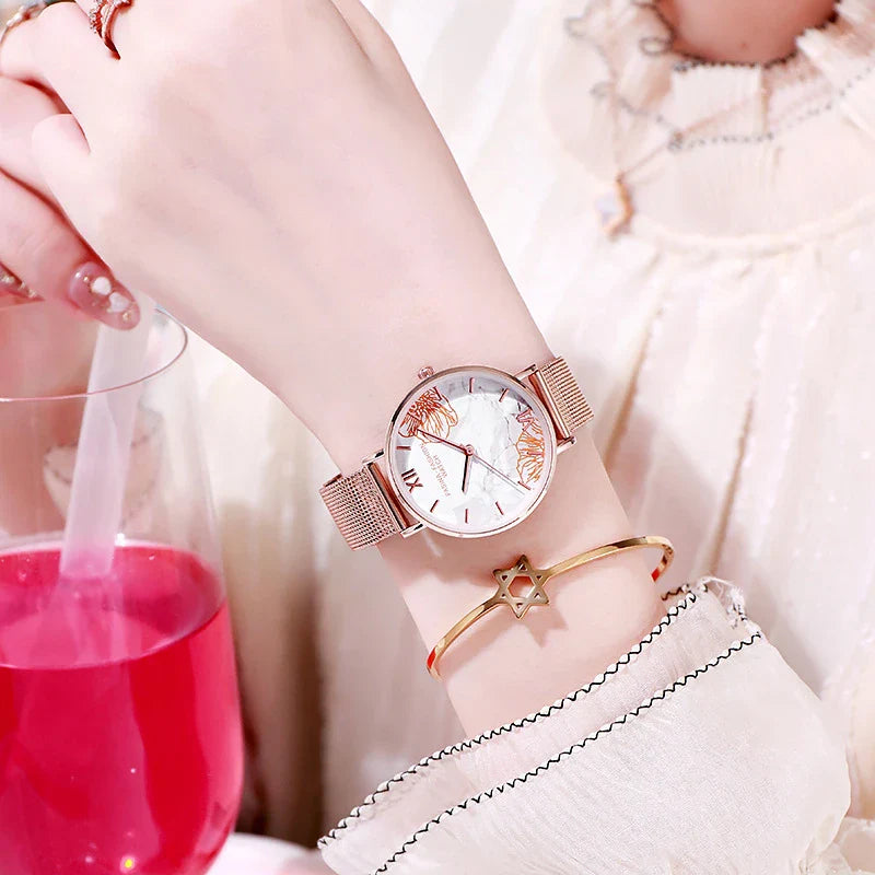 French Ladies Fashion Watch Gift Set with stainless steel case and genuine leather strap
