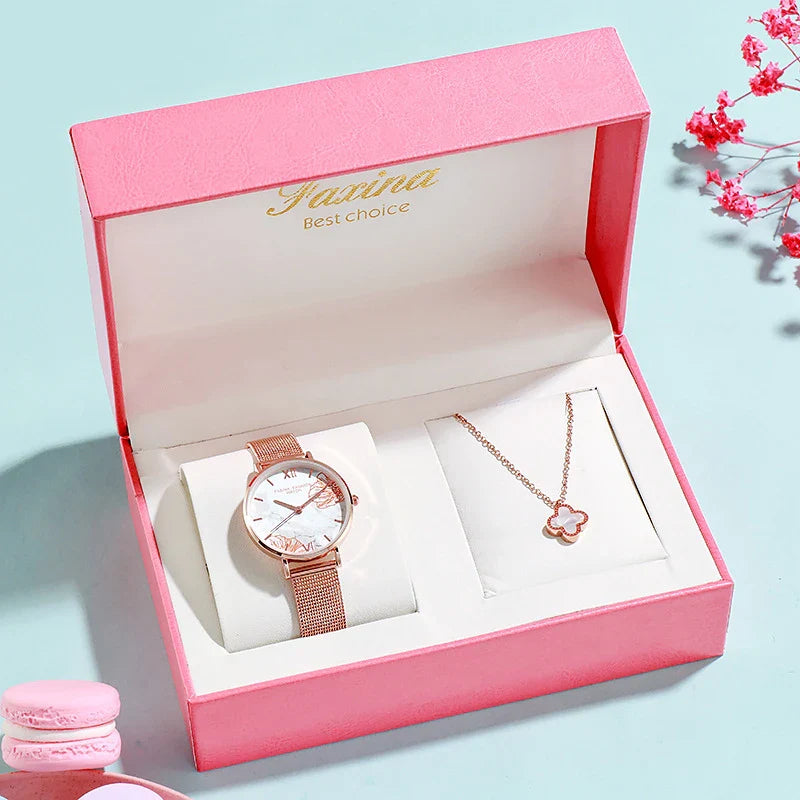 French Ladies Fashion Watch Gift Set with stainless steel case and genuine leather strap