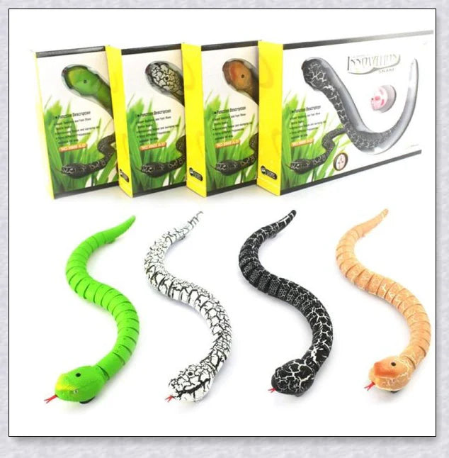 A remote controlled snake toy with a segmented body, flashing lights, and a swinging tail, designed to captivate and entertain cats.