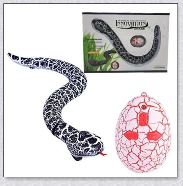 A remote controlled snake toy with a segmented body, flashing lights, and a swinging tail, designed to captivate and entertain cats.