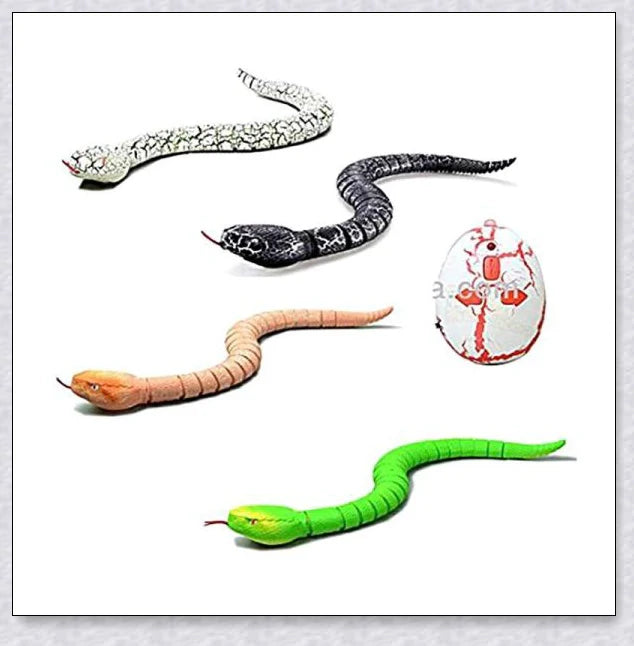 A remote controlled snake toy with a segmented body, flashing lights, and a swinging tail, designed to captivate and entertain cats.