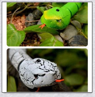 A remote controlled snake toy with a segmented body, flashing lights, and a swinging tail, designed to captivate and entertain cats.