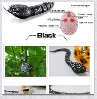 A remote controlled snake toy with a segmented body, flashing lights, and a swinging tail, designed to captivate and entertain cats.