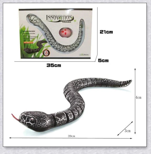 A remote controlled snake toy with a segmented body, flashing lights, and a swinging tail, designed to captivate and entertain cats.