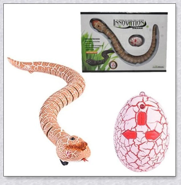 A remote controlled snake toy with a segmented body, flashing lights, and a swinging tail, designed to captivate and entertain cats.