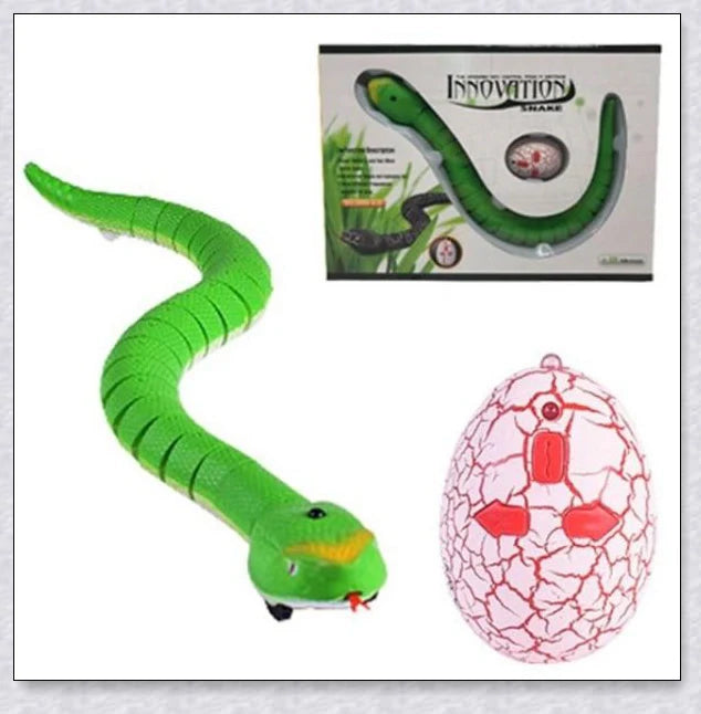 A remote controlled snake toy with a segmented body, flashing lights, and a swinging tail, designed to captivate and entertain cats.