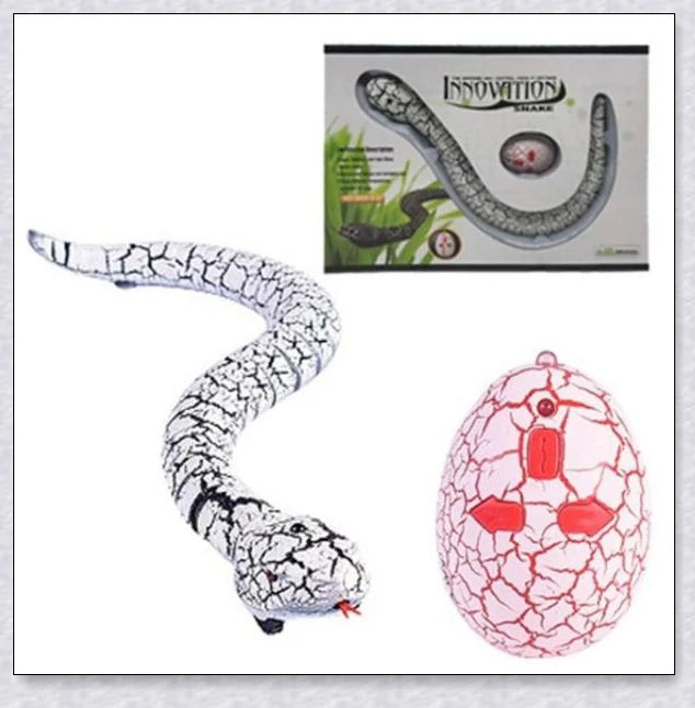 A remote controlled snake toy with a segmented body, flashing lights, and a swinging tail, designed to captivate and entertain cats.