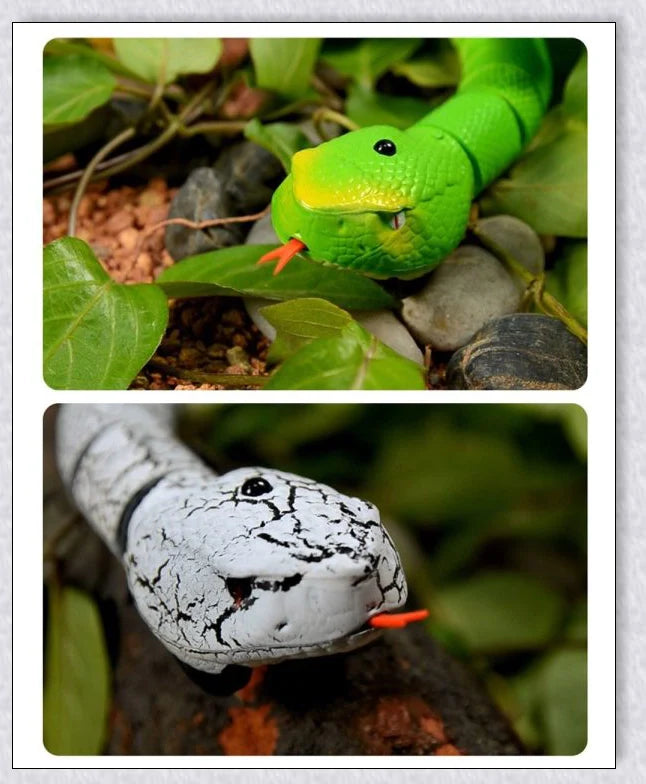 A remote controlled snake toy with a segmented body, flashing lights, and a swinging tail, designed to captivate and entertain cats.