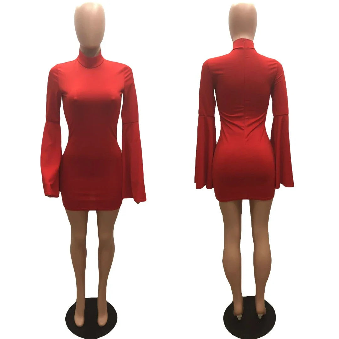 A vibrant red women's dress with a turtleneck collar, vented horn sleeves, and a flattering package hip cut.