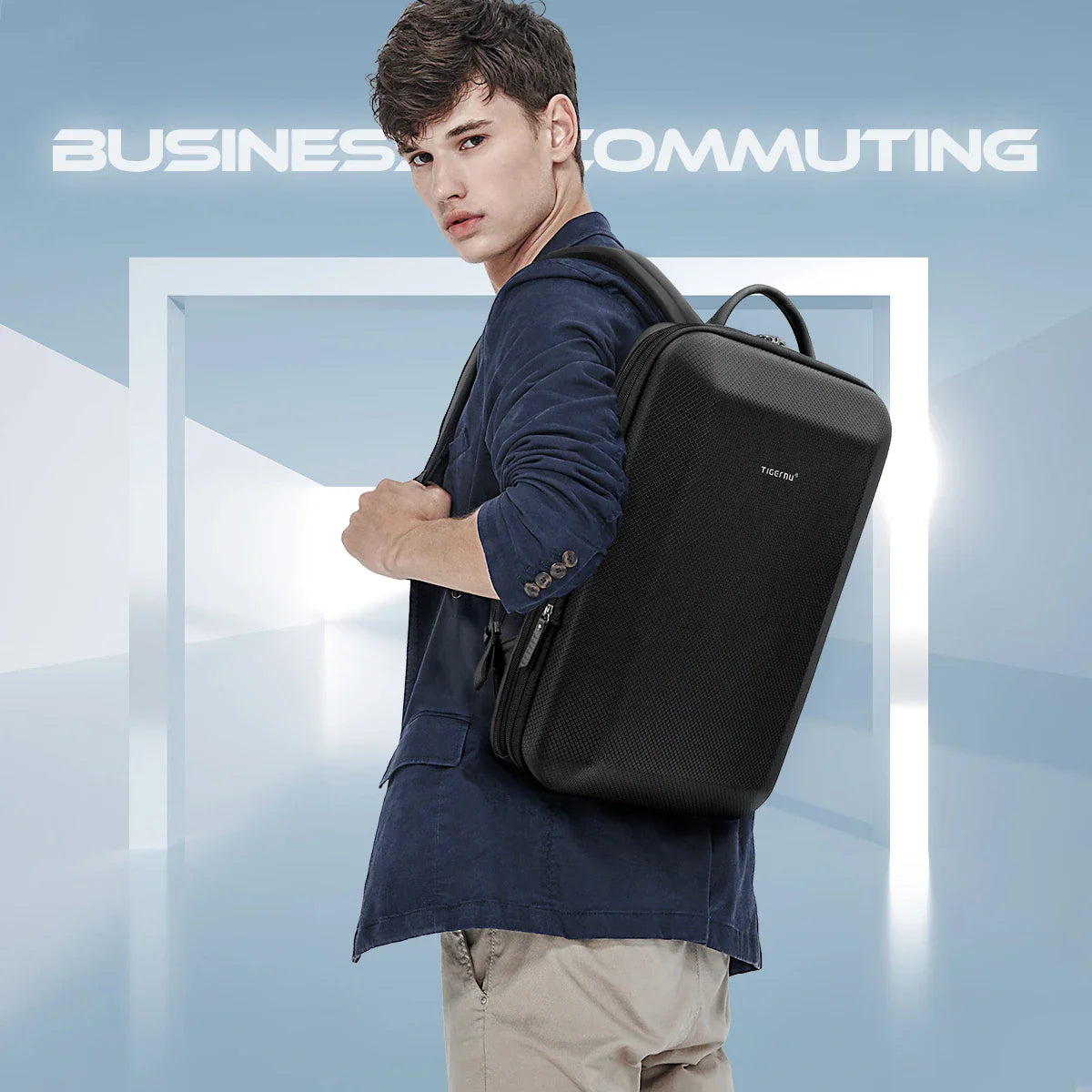 Expanded anti-splash hard shell backpack in black, featuring a versatile 12L to 19L capacity and durable water-resistant design.