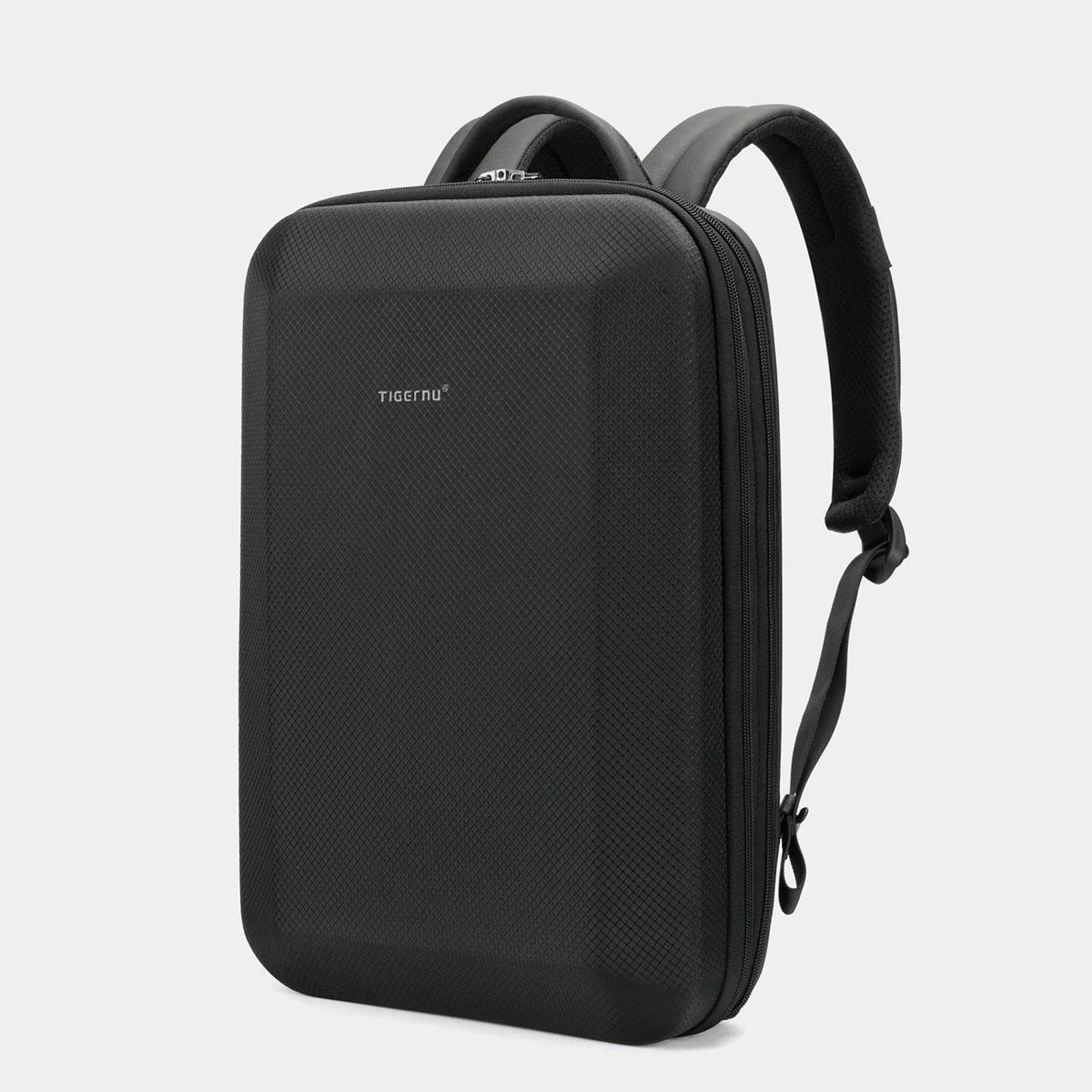 Expanded anti-splash hard shell backpack in black, featuring a versatile 12L to 19L capacity and durable water-resistant design.