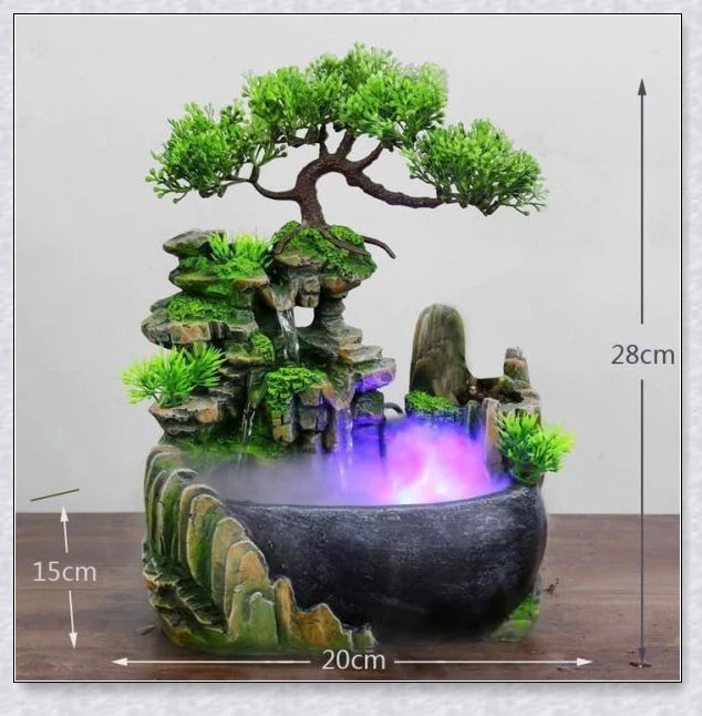 A beautiful resin tabletop fountain with flowing water, mimicking a river down a mountainside.