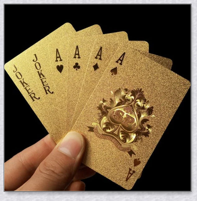 Luxurious 24K gold foil playing cards with captivating three-dimensional patterns and a waterproof, durable design