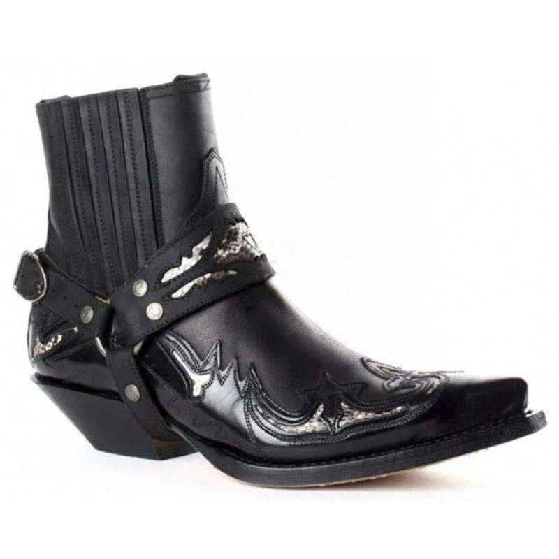 Stylish mid-heel pointed toe knight boots for men, featuring premium PU leather construction, thick supportive heel, and cosy cotton lining.