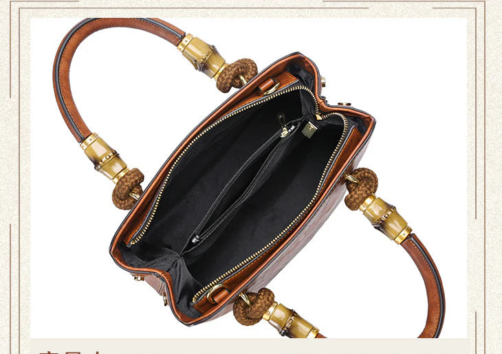 Bamboo large capacity one-shoulder messenger bag with retro-inspired design and ample storage compartments