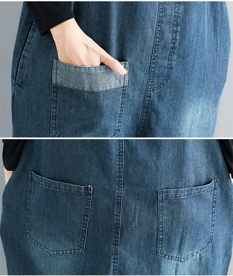 Casual literary women's plus size denim overalls with a high-waisted design and distressed accents for a stylish, comfortable look.