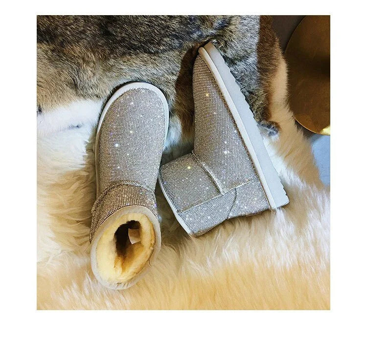 Rhinestone-embellished snow boots for women with durable rubber soles and warm insulation