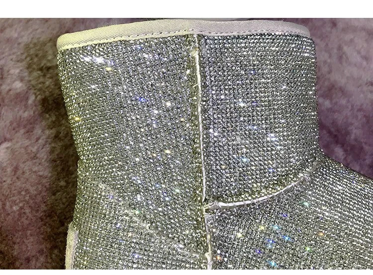 Rhinestone-embellished snow boots for women with durable rubber soles and warm insulation