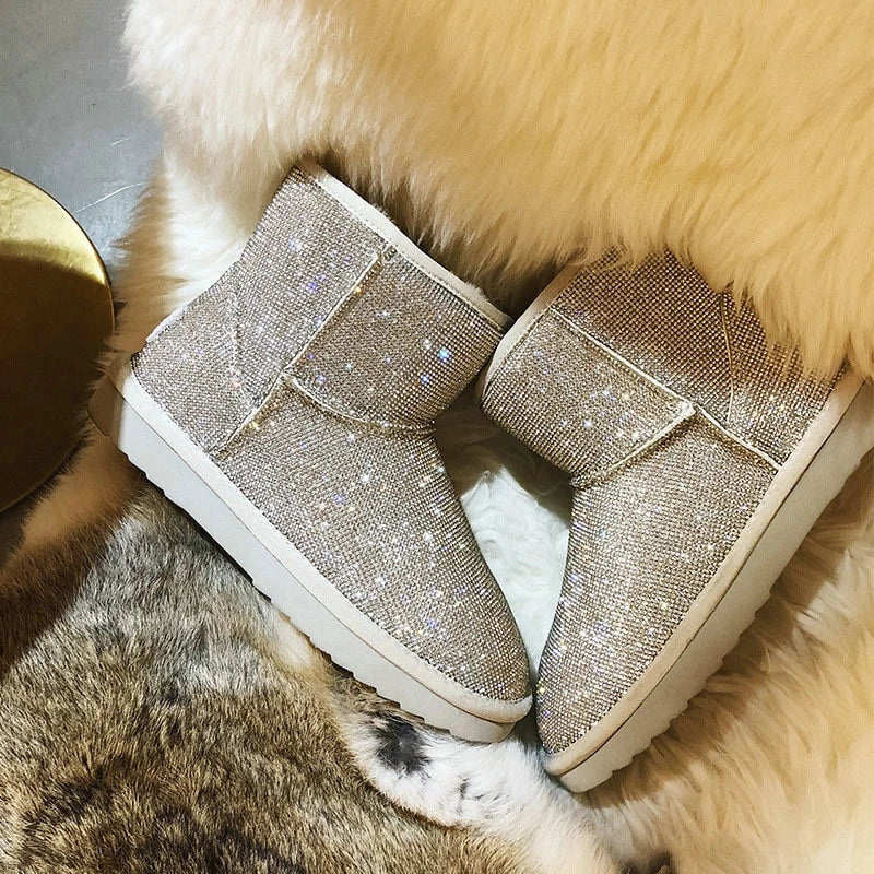 Rhinestone-embellished snow boots for women with durable rubber soles and warm insulation