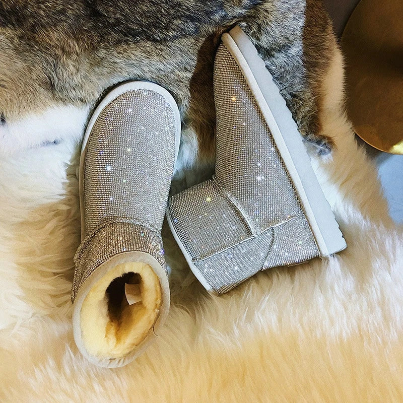 Rhinestone-embellished snow boots for women with durable rubber soles and warm insulation