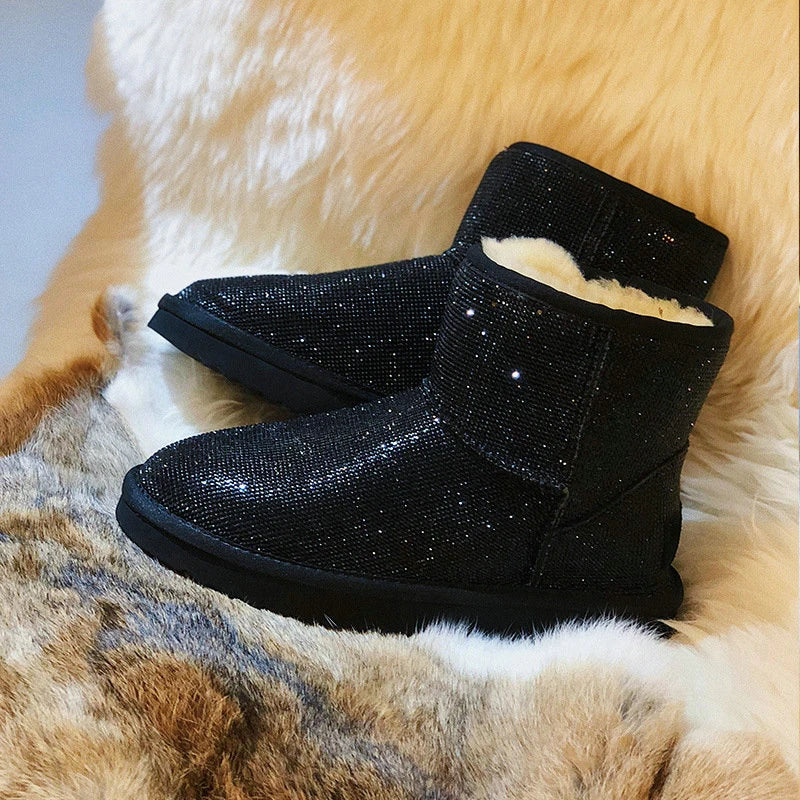 Rhinestone-embellished snow boots for women with durable rubber soles and warm insulation