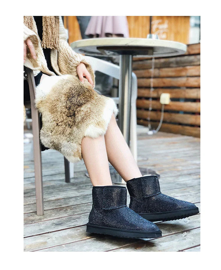 Rhinestone-embellished snow boots for women with durable rubber soles and warm insulation