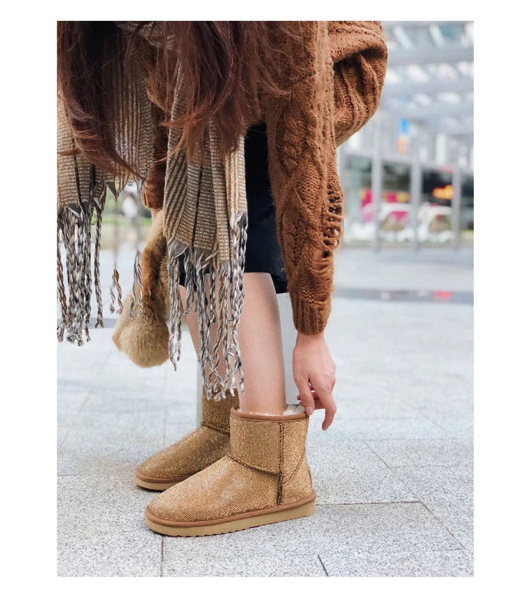 Rhinestone-embellished snow boots for women with durable rubber soles and warm insulation