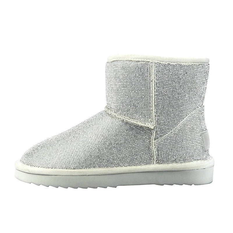 Rhinestone-embellished snow boots for women with durable rubber soles and warm insulation